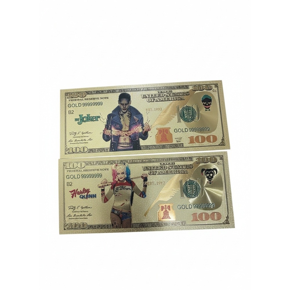 Harley Quinn & Joker Gold Foil $100 Novelty Bills Lot of 2
